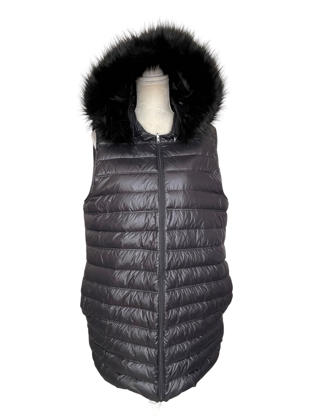 DKNY Black Down Hooded Puffer Jacket Vest Women’s Size XL Faux Fur Trim
